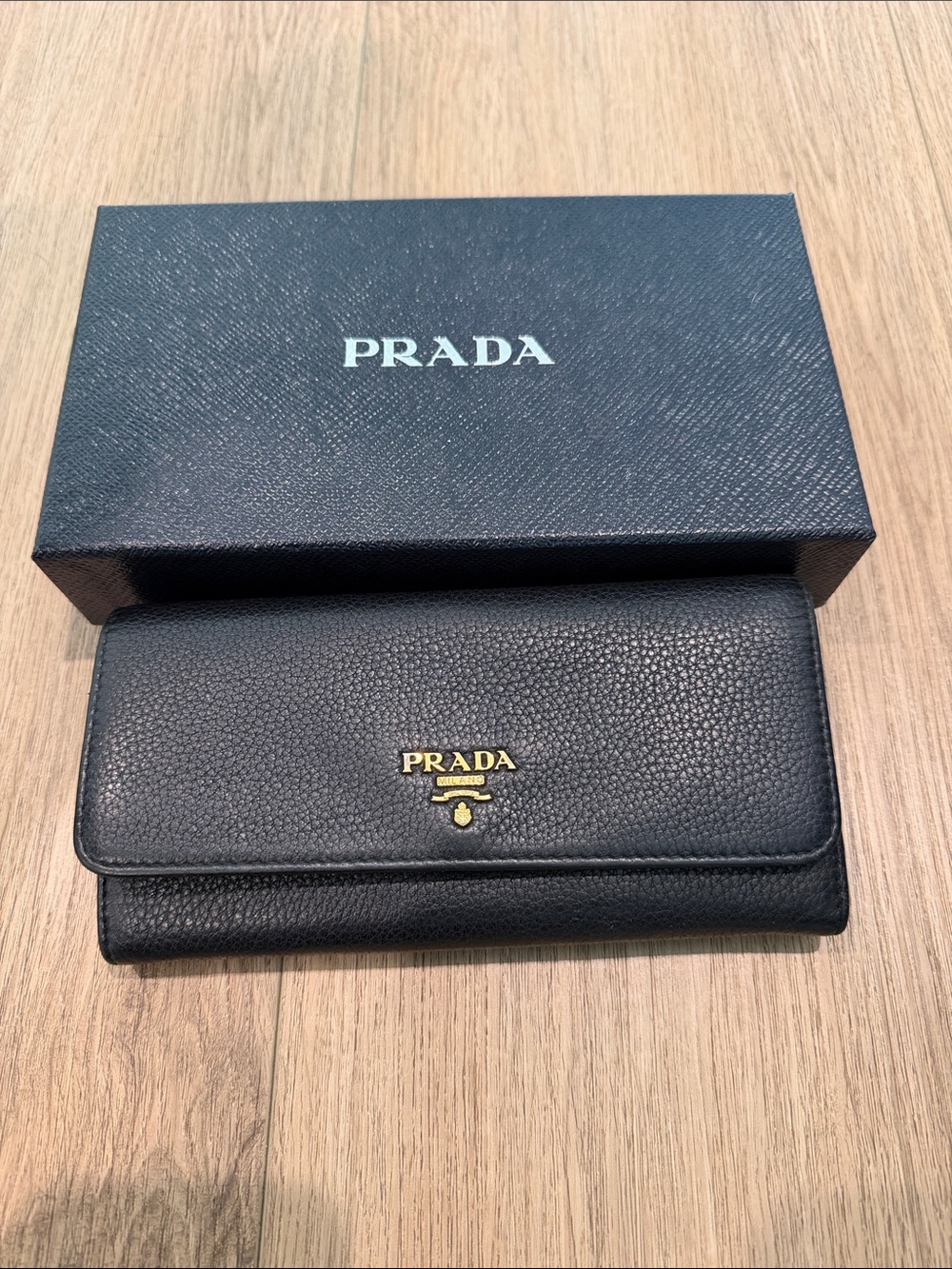 Prada Navy Textured Leather Continental Wallet with Gold Logo